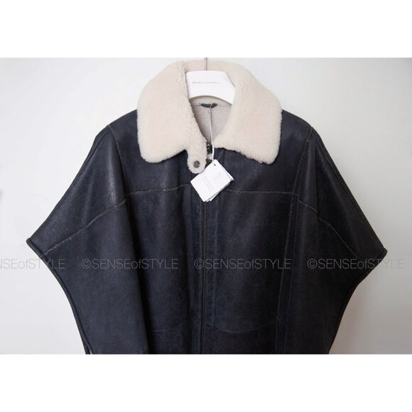 Brunello Cucinelli Shearling Fur Jacket Cape Coat with Monili Poncho Women 40 S - Picture 3 of 9